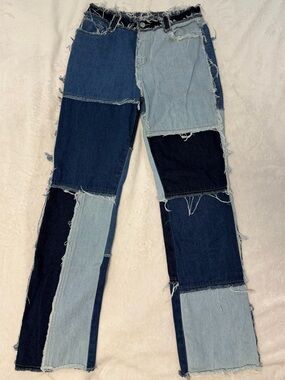 Jaded London - Patchwork Multi-Blue Wide Leg Jeans